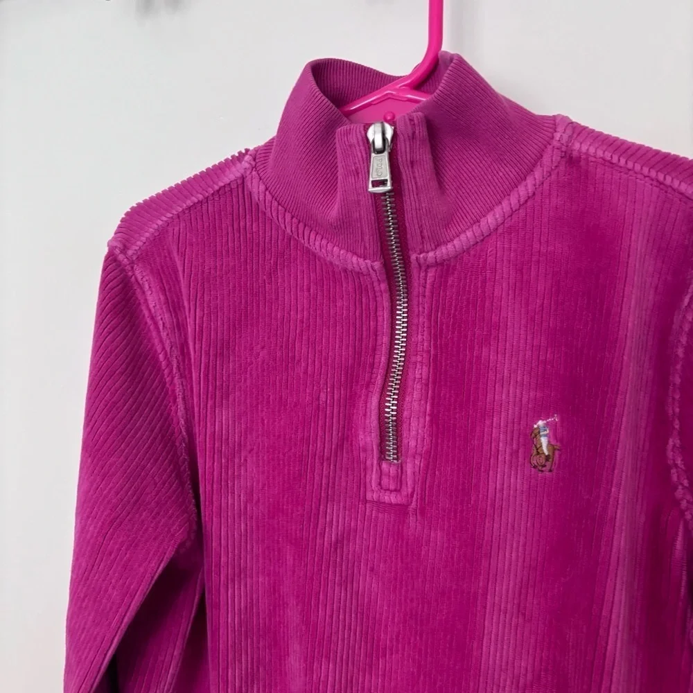 Ralph Lauren Polo girls kids quarter zip Corduroy ribbed Sweatshirt - Magenta